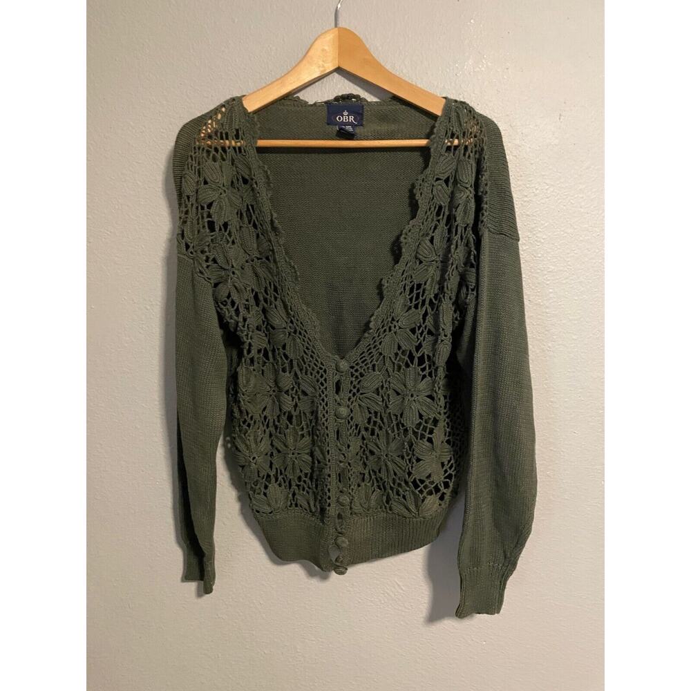 Vintage OBR Womens Cardigan Large Gray Floral Crochet Sheer Granny Cottagecore